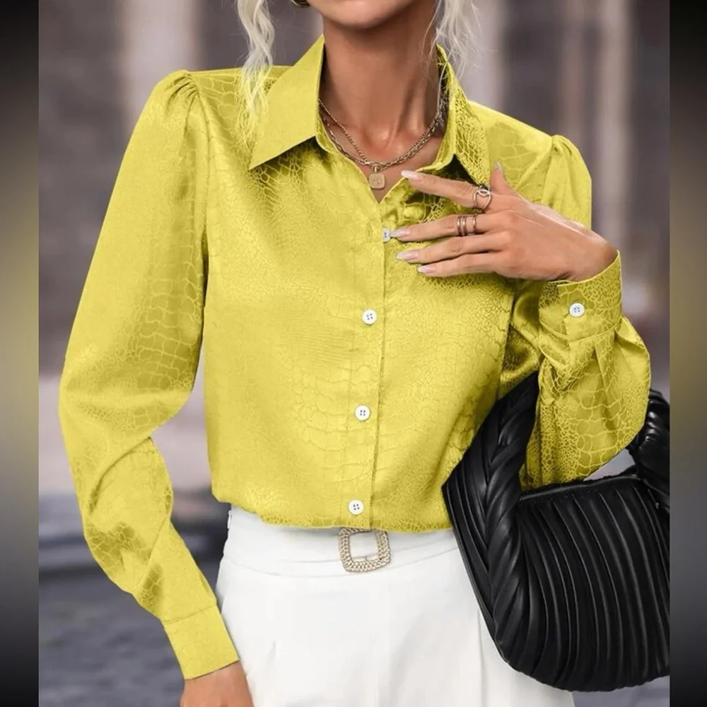 Elegant Satin Jacquard Puff Long Sleeve Button Down Shirt Top Blouse - Picture 6 of 7
